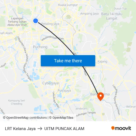 LRT Kelana Jaya to UITM PUNCAK ALAM map