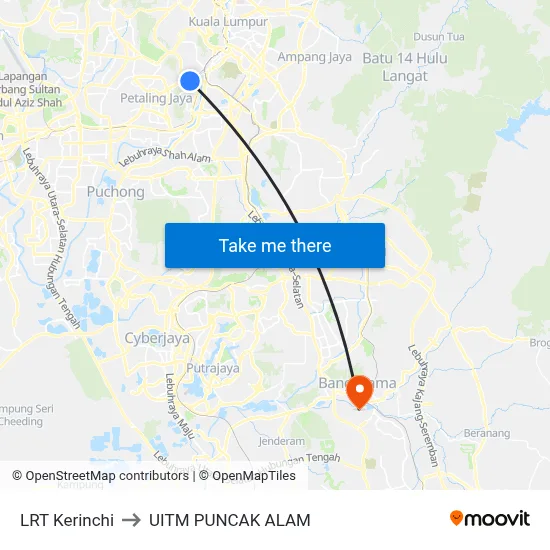 LRT Kerinchi to UITM PUNCAK ALAM map