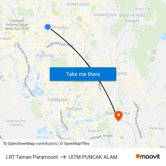 LRT Taman Paramount to UITM PUNCAK ALAM map