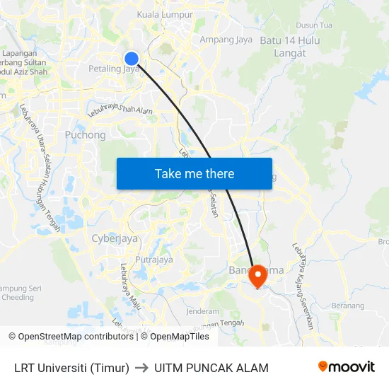 LRT Universiti (Timur) to UITM PUNCAK ALAM map
