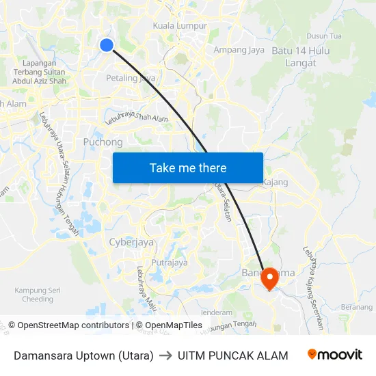 Damansara Uptown (Utara) to UITM PUNCAK ALAM map