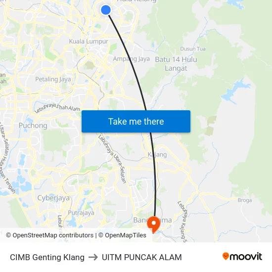 CIMB Genting Klang to UITM PUNCAK ALAM map