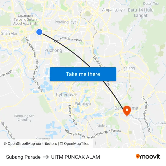 Subang Parade to UITM PUNCAK ALAM map