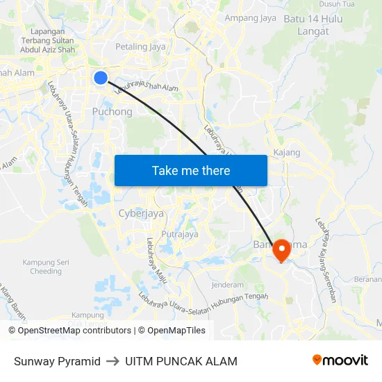Sunway Pyramid to UITM PUNCAK ALAM map