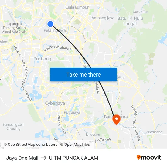 Jaya One Mall to UITM PUNCAK ALAM map