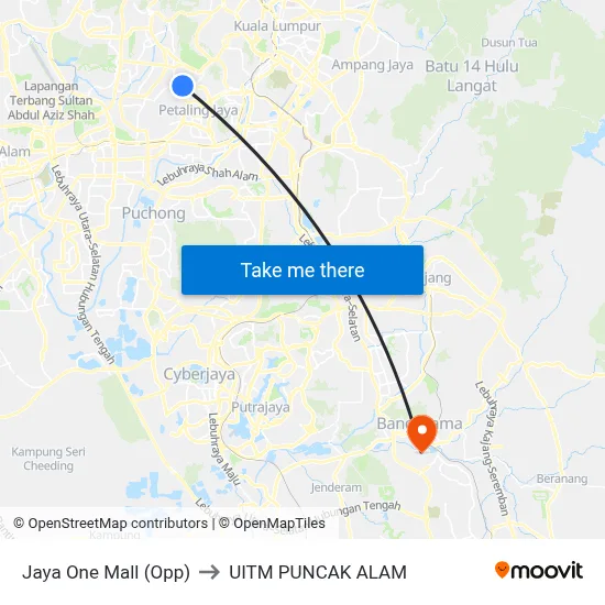 Jaya One Mall (Opp) to UITM PUNCAK ALAM map