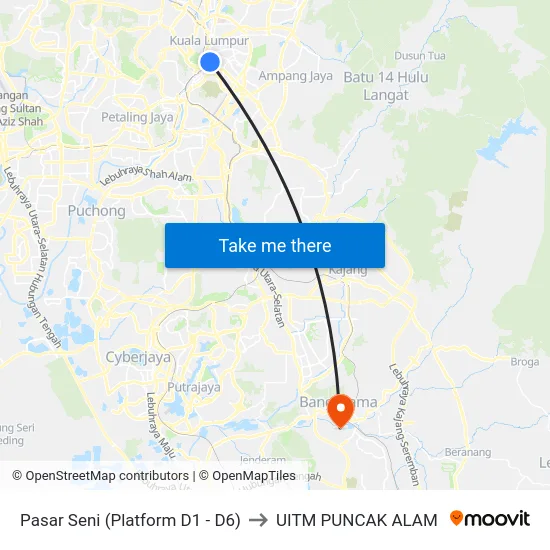 Pasar Seni (Platform D1 - D6) to UITM PUNCAK ALAM map