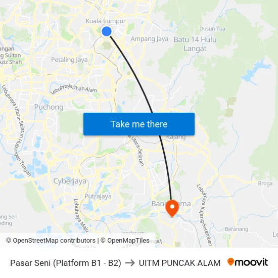 Pasar Seni (Platform B1 - B2) to UITM PUNCAK ALAM map