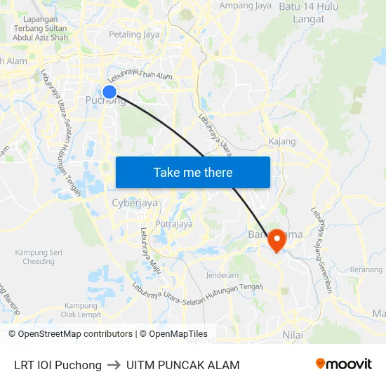 LRT IOI Puchong to UITM PUNCAK ALAM map