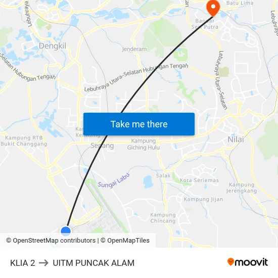 KLIA 2 to UITM PUNCAK ALAM map