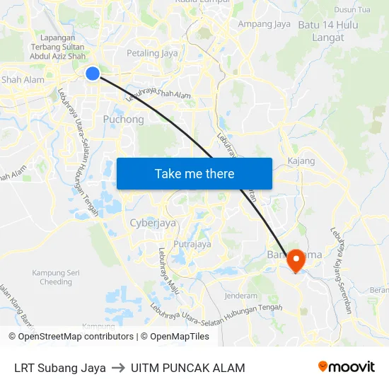 LRT Subang Jaya to UITM PUNCAK ALAM map