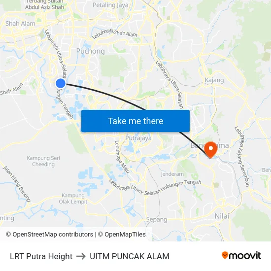 LRT Putra Height to UITM PUNCAK ALAM map