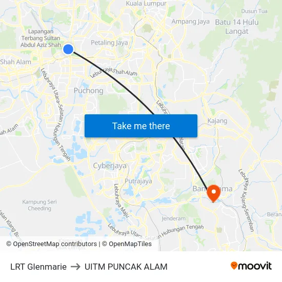 LRT Glenmarie to UITM PUNCAK ALAM map