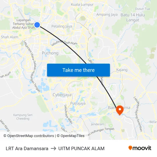 LRT Ara Damansara to UITM PUNCAK ALAM map