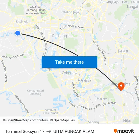 Terminal Seksyen 17 to UITM PUNCAK ALAM map