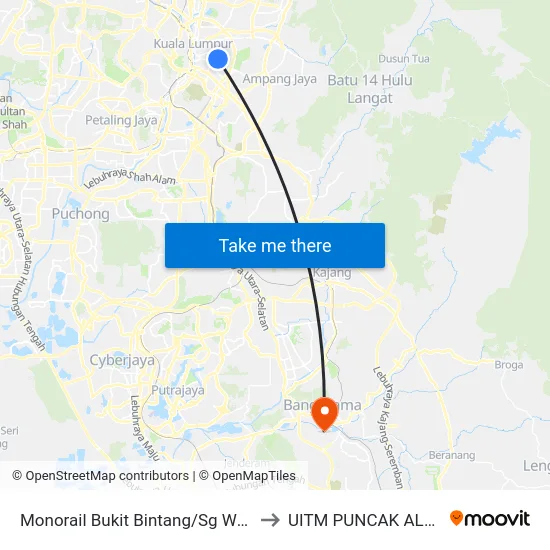 Monorail Bukit Bintang/Sg Wang to UITM PUNCAK ALAM map