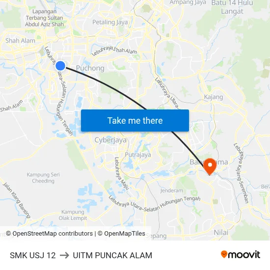 SMK USJ 12 to UITM PUNCAK ALAM map