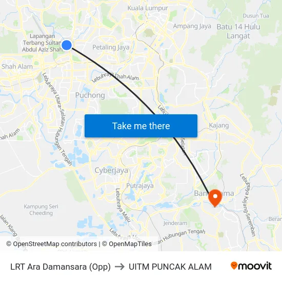 LRT Ara Damansara (Opp) to UITM PUNCAK ALAM map