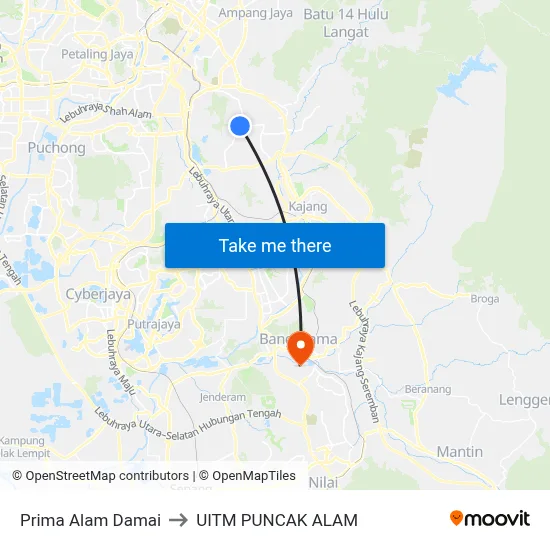 Prima Alam Damai to UITM PUNCAK ALAM map