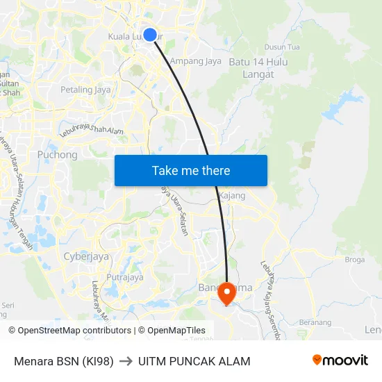 Menara BSN (Kl98) to UITM PUNCAK ALAM map