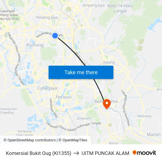 Komersial Bukit Oug (Kl1355) to UITM PUNCAK ALAM map