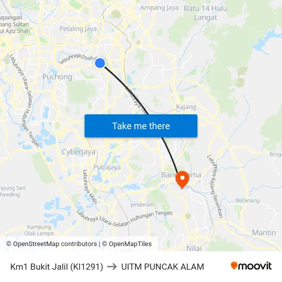 Km1 Bukit Jalil (Kl1291) to UITM PUNCAK ALAM map