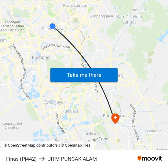 Finas (Pj442) to UITM PUNCAK ALAM map