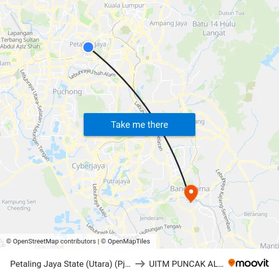 Petaling Jaya State (Utara) (Pj433) to UITM PUNCAK ALAM map