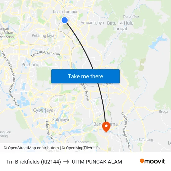 Tm Brickfields (Kl2144) to UITM PUNCAK ALAM map