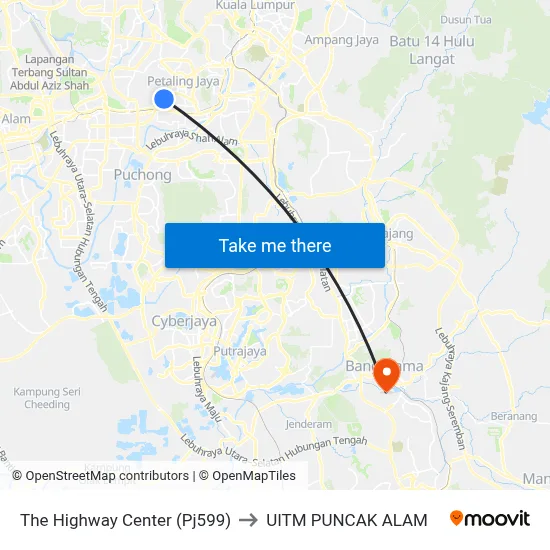 The Highway Center (Pj599) to UITM PUNCAK ALAM map