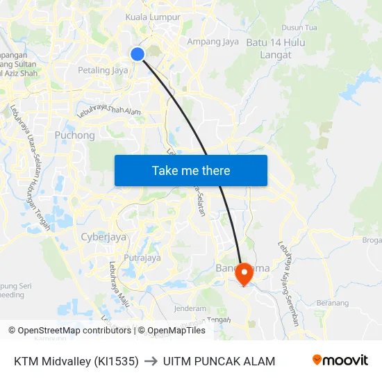 KTM Midvalley (Kl1535) to UITM PUNCAK ALAM map