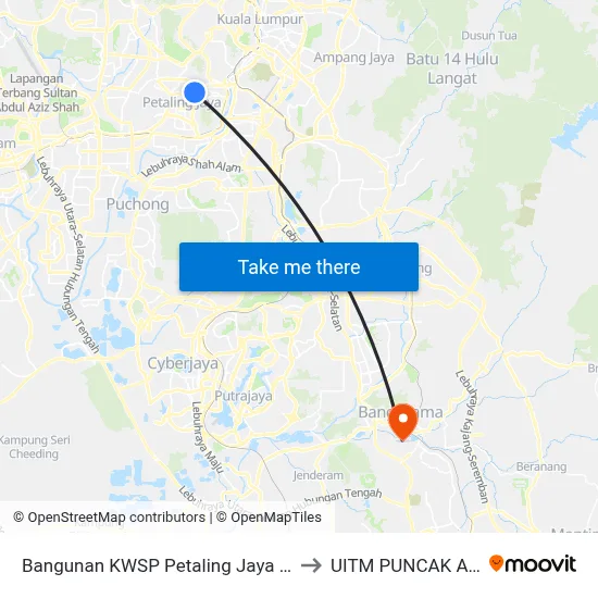 Bangunan KWSP Petaling Jaya (Pj597) to UITM PUNCAK ALAM map