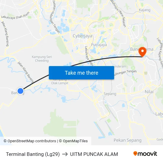 Terminal Banting (Lg29) to UITM PUNCAK ALAM map
