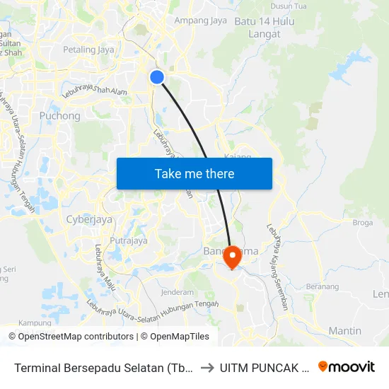 Terminal Bersepadu Selatan (Tbs) (Kl779) to UITM PUNCAK ALAM map