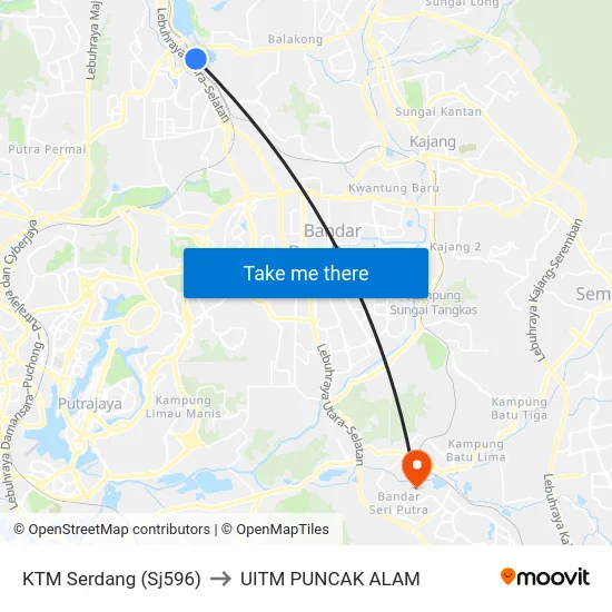 KTM Serdang (Sj596) to UITM PUNCAK ALAM map