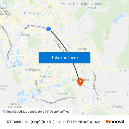 LRT Bukit Jalil (Opp) (Kl151) to UITM PUNCAK ALAM map