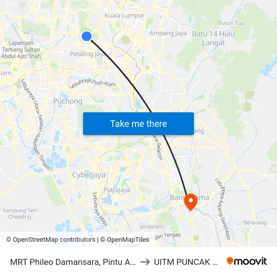 MRT Phileo Damansara, Pintu A (Pj823) to UITM PUNCAK ALAM map