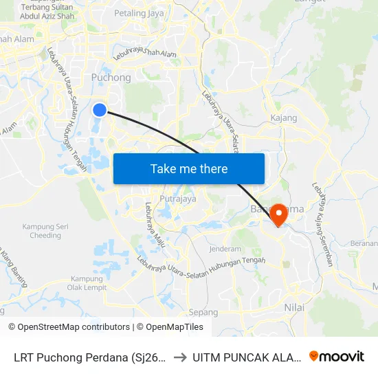 LRT Puchong Perdana (Sj267) to UITM PUNCAK ALAM map