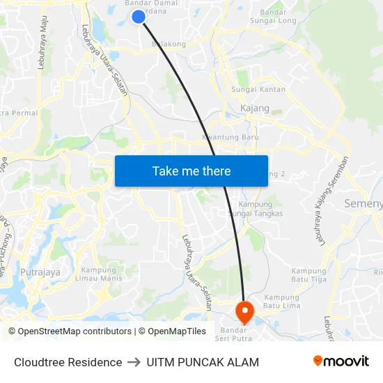 Cloudtree Residence to UITM PUNCAK ALAM map