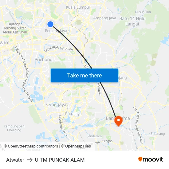 Atwater to UITM PUNCAK ALAM map