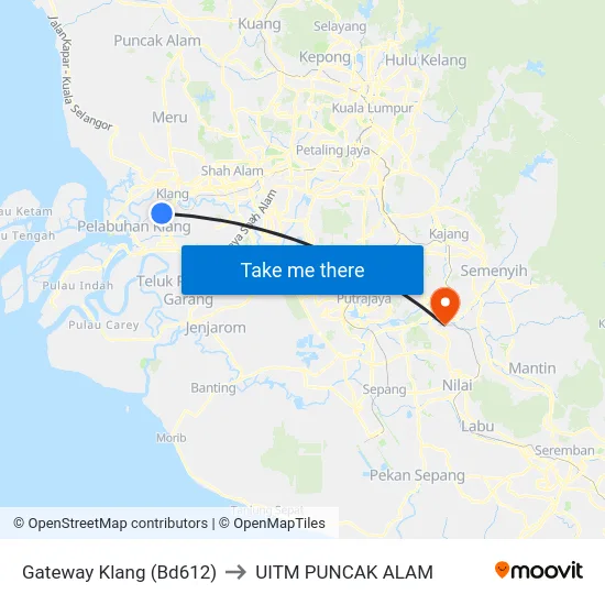 Gateway Klang (Bd612) to UITM PUNCAK ALAM map