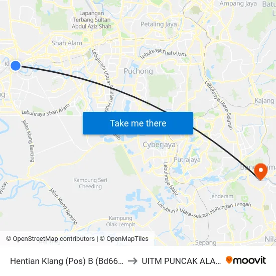 Hentian Klang (Pos) B (Bd664) to UITM PUNCAK ALAM map