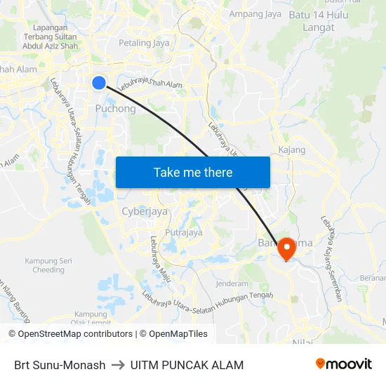 Brt Sunu-Monash to UITM PUNCAK ALAM map