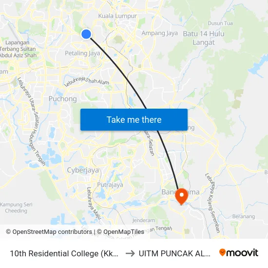 10th Residential College (Kk10) to UITM PUNCAK ALAM map