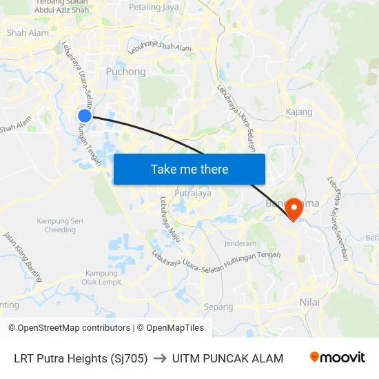 LRT Putra Heights (Sj705) to UITM PUNCAK ALAM map