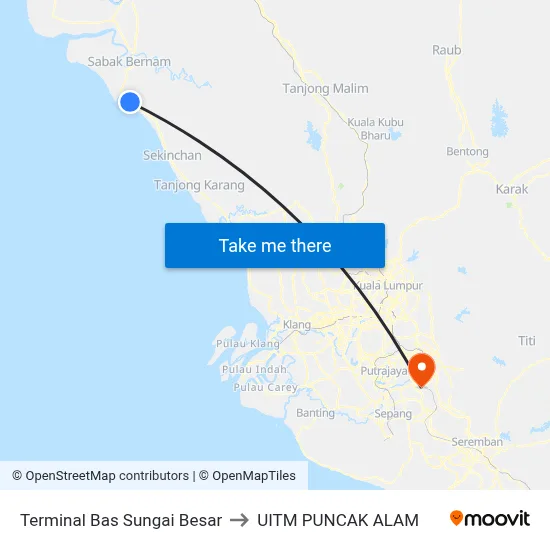 Terminal Bas Sungai Besar to UITM PUNCAK ALAM map
