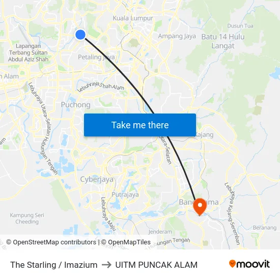The Starling / Imazium to UITM PUNCAK ALAM map