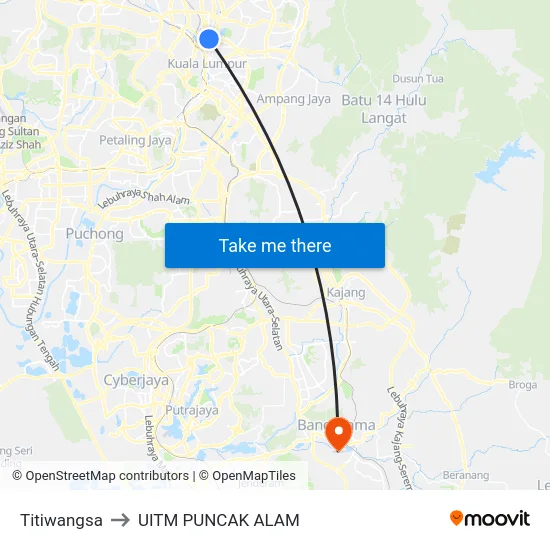 Titiwangsa to UITM PUNCAK ALAM map
