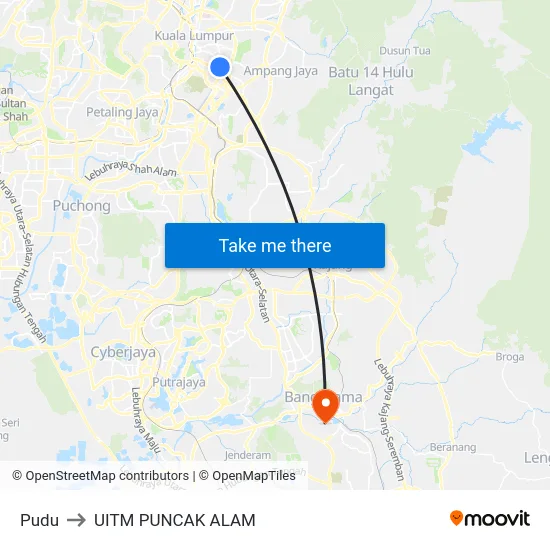 Pudu to UITM PUNCAK ALAM map