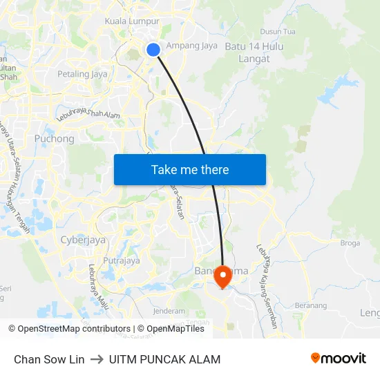 Chan Sow Lin to UITM PUNCAK ALAM map